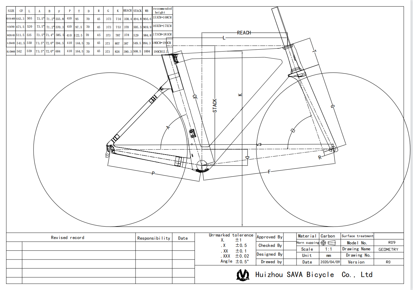 Guide des tailles de vélo de route SAVA AURORA SR3.0 carbone 2023