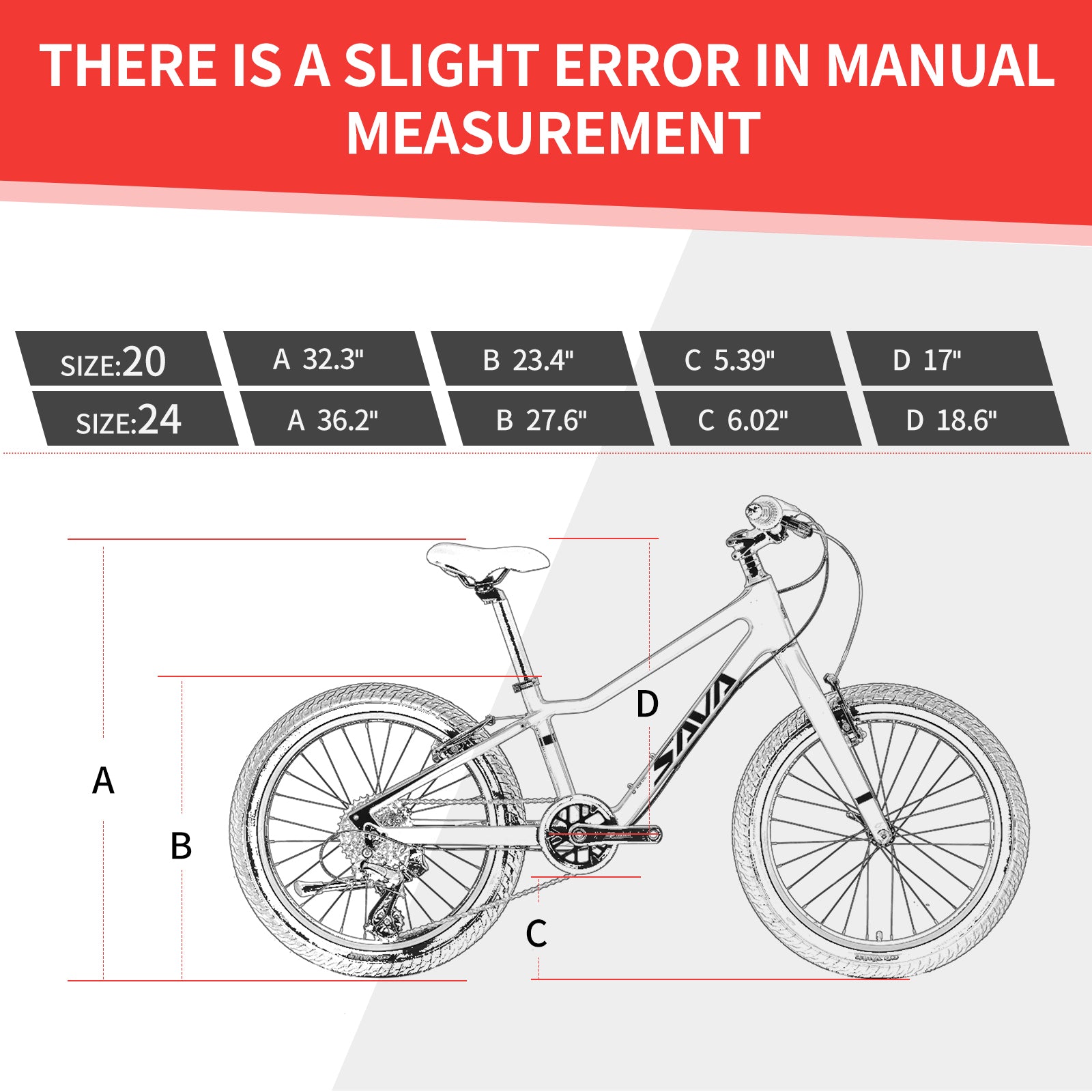 SAVA kids carbon bike size guide