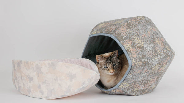 Cat Ball and Cat Canoe modern cat beds made in grey fabrics that look good together