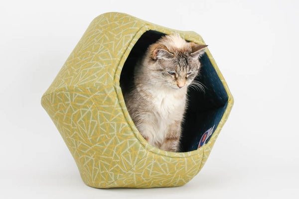 Cat Ball modern cat bed made in a fabric called Green Sticks