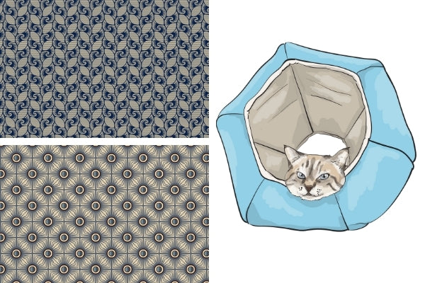 Fabric swatches for our upcoming navy blue tile fabrics Cat Ball® cat bed