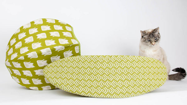 A Cat Ball and Cat Canoe bed both made in lime green fabrics