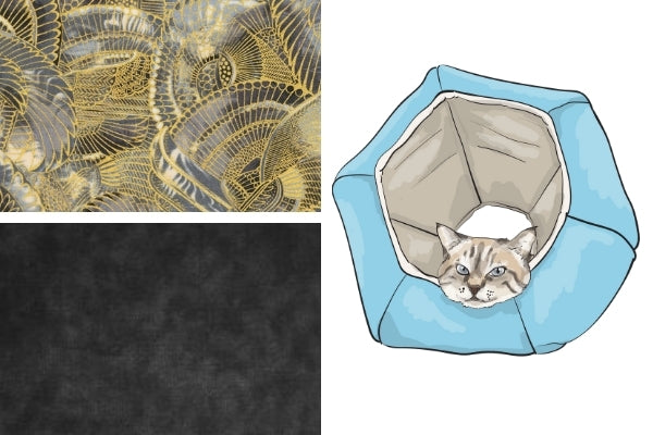 Fabric swatches for the new "Metallic Wings" Cat Ball® cat bed we are working on