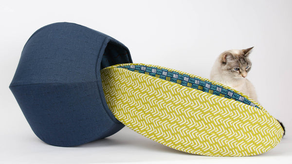 Navy blue Cat Ball® cat bed and lime green Cat Canoe modern pet bed