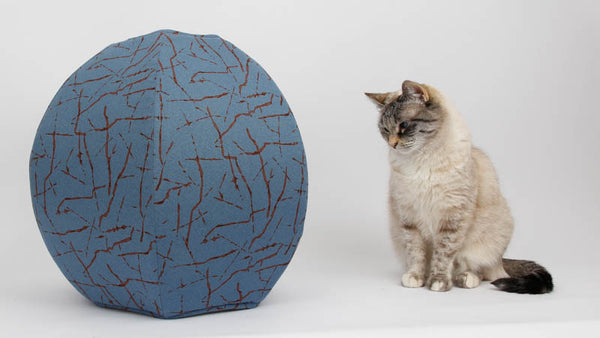 Cat Ball® cat bed made with navy crackle fabric and line with the same print in brown/navy