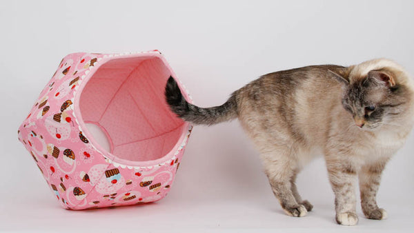 A cat stands in front of a Cat Ball cat bed made with a cute pink cupcake fabric.