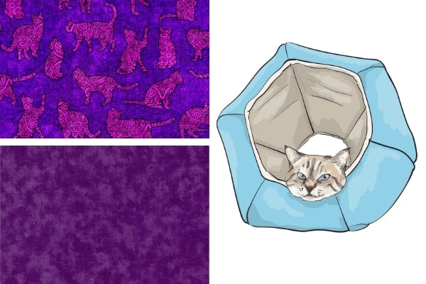 Fabric swatches for our upcoming "Purple Cats" Cat Ball® cat bed