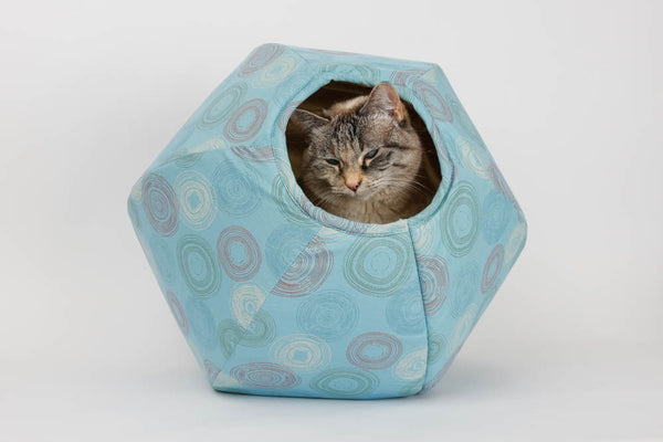 Cat Ball® cat bed made with a blue fabric from the Marcus Fabrics Scandi fabric collection. 