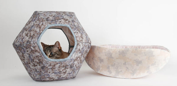 Cat Ball and Cat Canoe made in grey and white fabrics