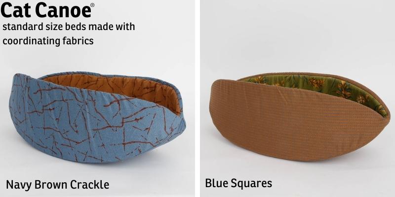 Cat Canoe modern pet beds made with coordinating fabrics in brown, blue and green colors. 