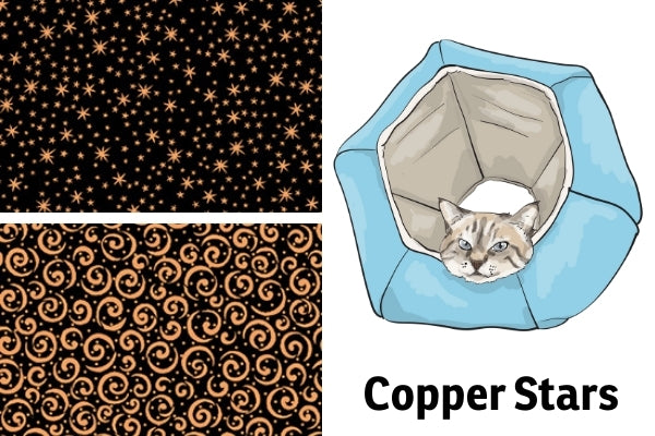 Swatches for the Cat Ball® cat bed to be made with copper inks on black cotton fabric