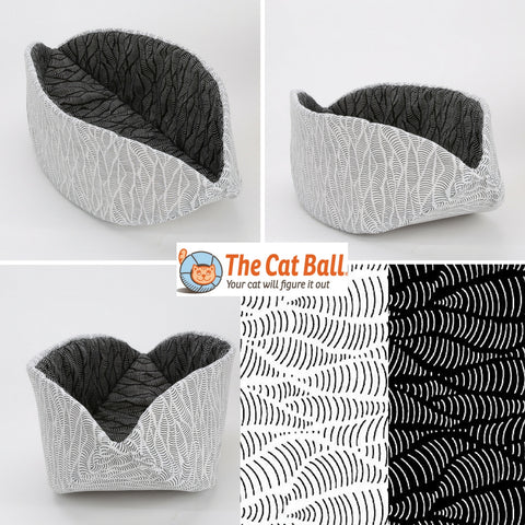 The Cat Canoe modern cat bed design made in abstract black and white fabrics