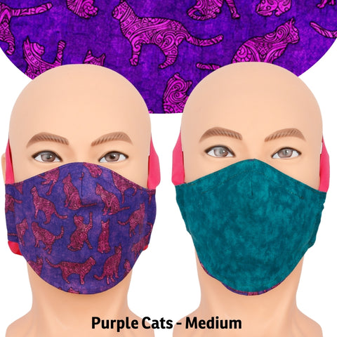 Reversible face mask made with purple and pink cat fabric