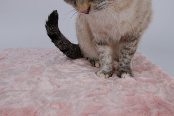 This cat sleeping mat is made in a pink faux fur that is short with a swirled texture, and is very soft. 