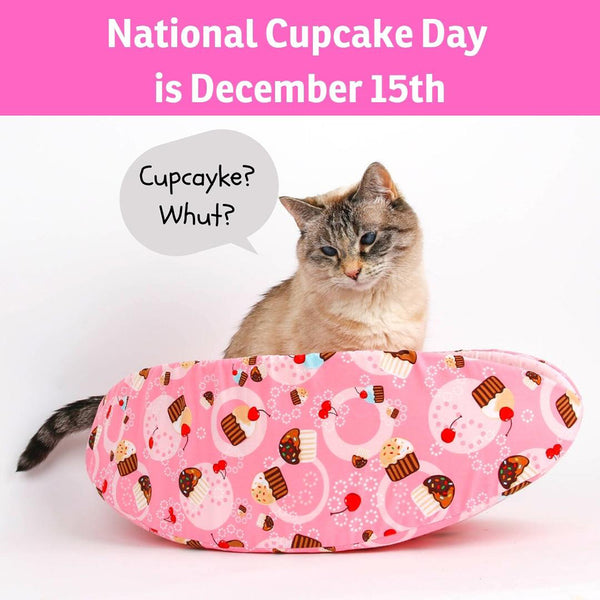 Tink sits in a pink cupcake fabric Cat Canoe for National Cupcake Day