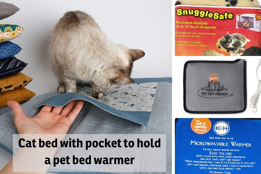Our cat bed design has a pocket that holds common pet bed heaters or warmers