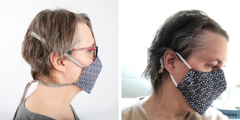 How we altered a face mask with an adjustable headband into a face mask with adjustable ear loops, using scrap cotton knit fabric