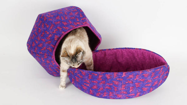 Coordinating Cat Ball and Cat Canoe made in bright purple and pink cat fabrics
