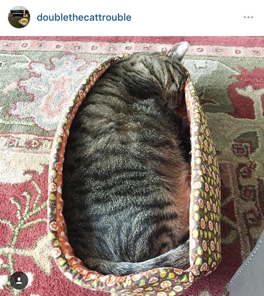 A large tabby cat asleep in the Cat Canoe cat bed. Photo by @doublethecattrouble on Instagram