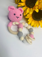 Load image into Gallery viewer, Organic Crochet Wood Bear Rattle Toy &amp; Bracelet Teething Set
