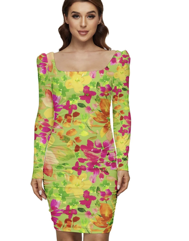 Floral Dress  square neckline ruched body. Green floral. By Art Like That