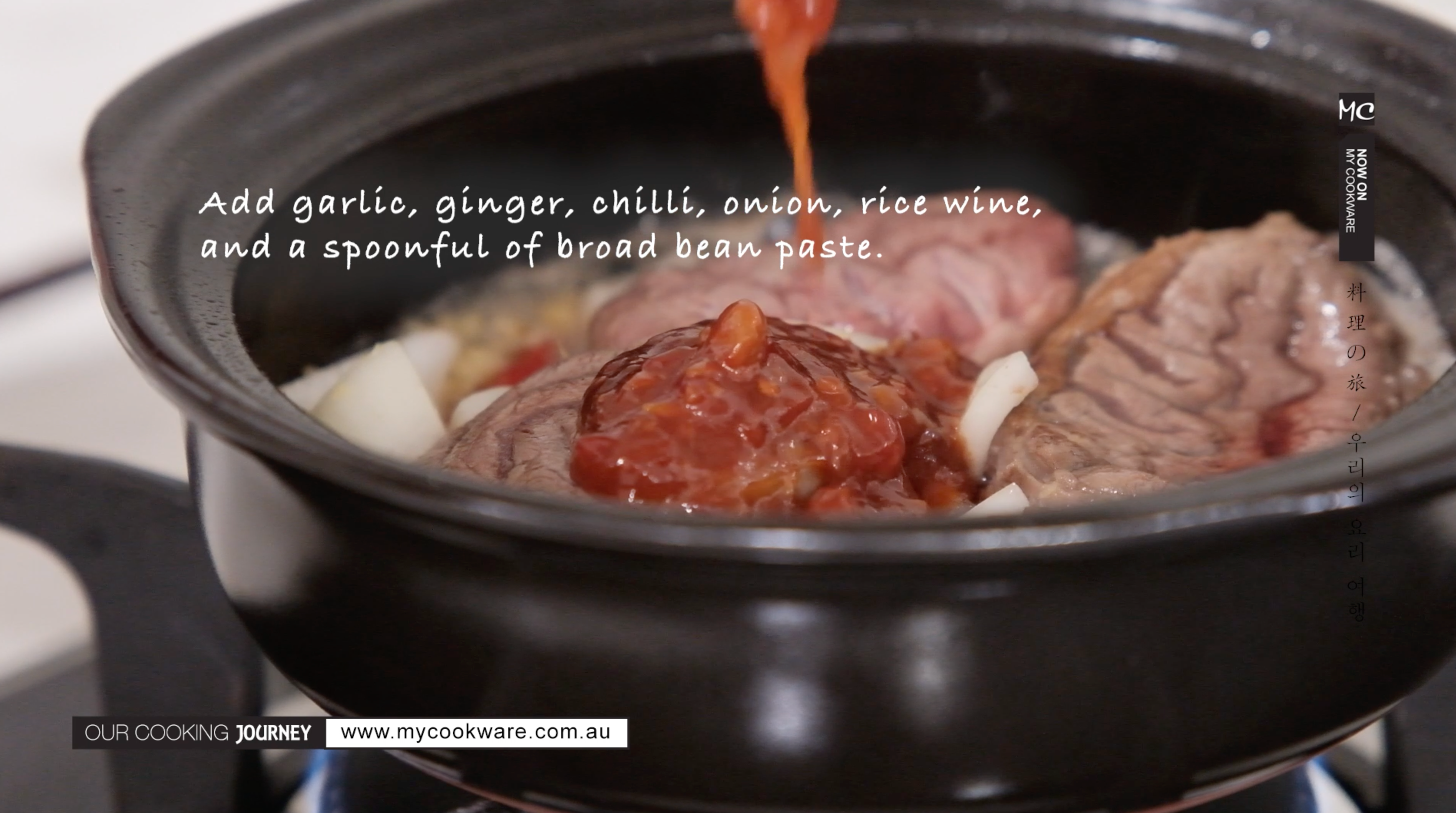 Add a large spoonful of broad bean paste (Doubanjiang).