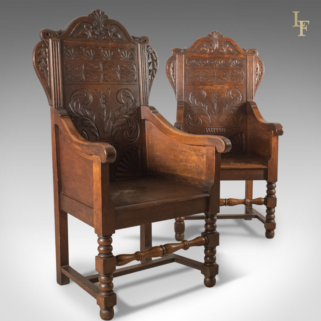 Antique Pair of Baronial Hall Chairs, English Oak ...