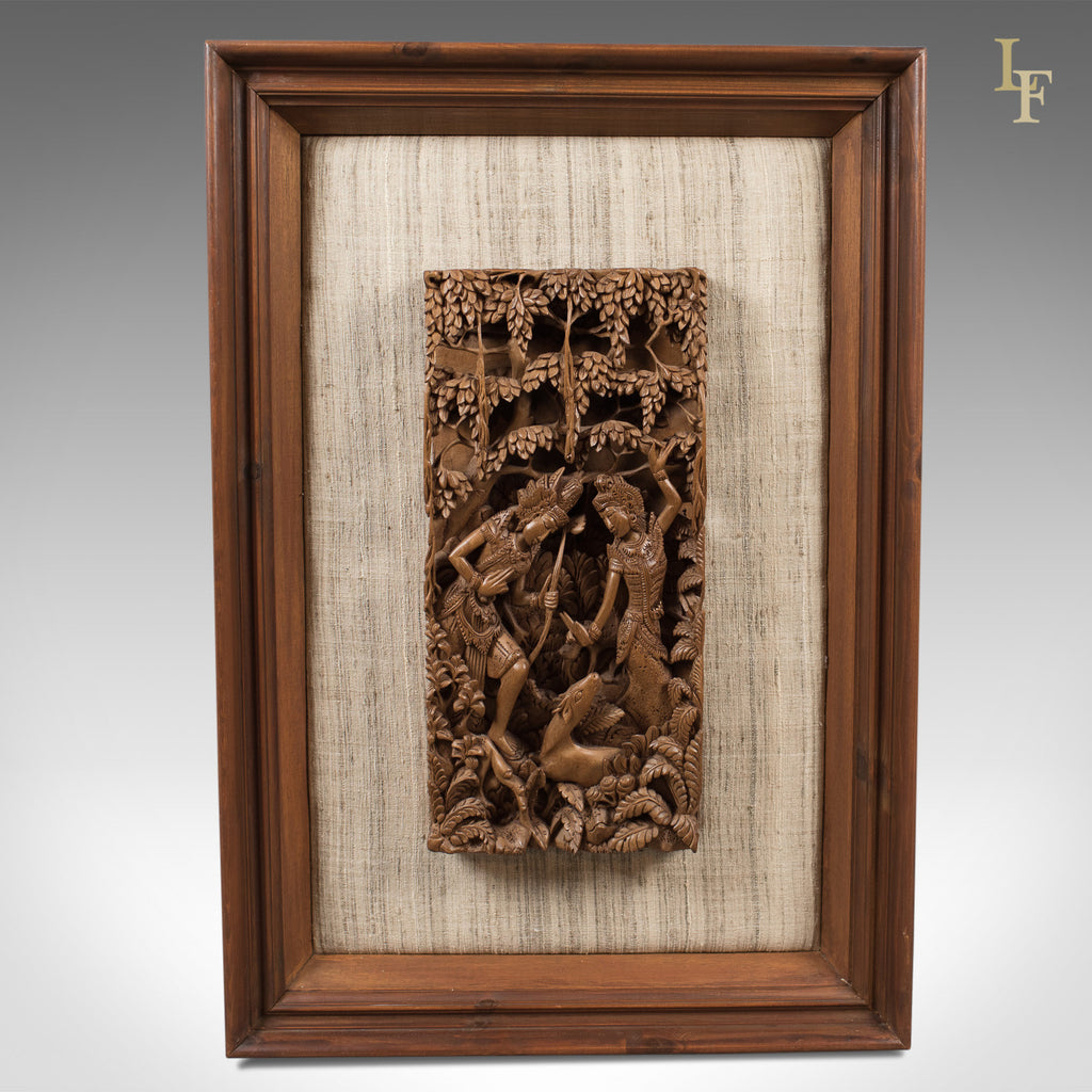Framed Balinese Carved Wall Panel, MidCentury Decorative
