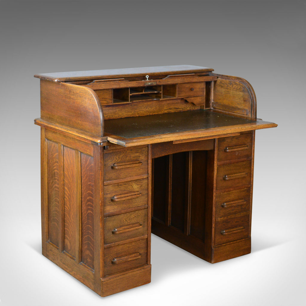 Small Antique Roll Top Desk, Oak, Tambour, William Angus and Co Ltd Lo