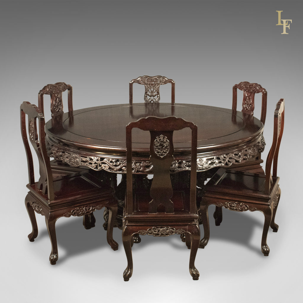 Traditional Oriental Rosewood Dining Table And Set Of 6 Chairs