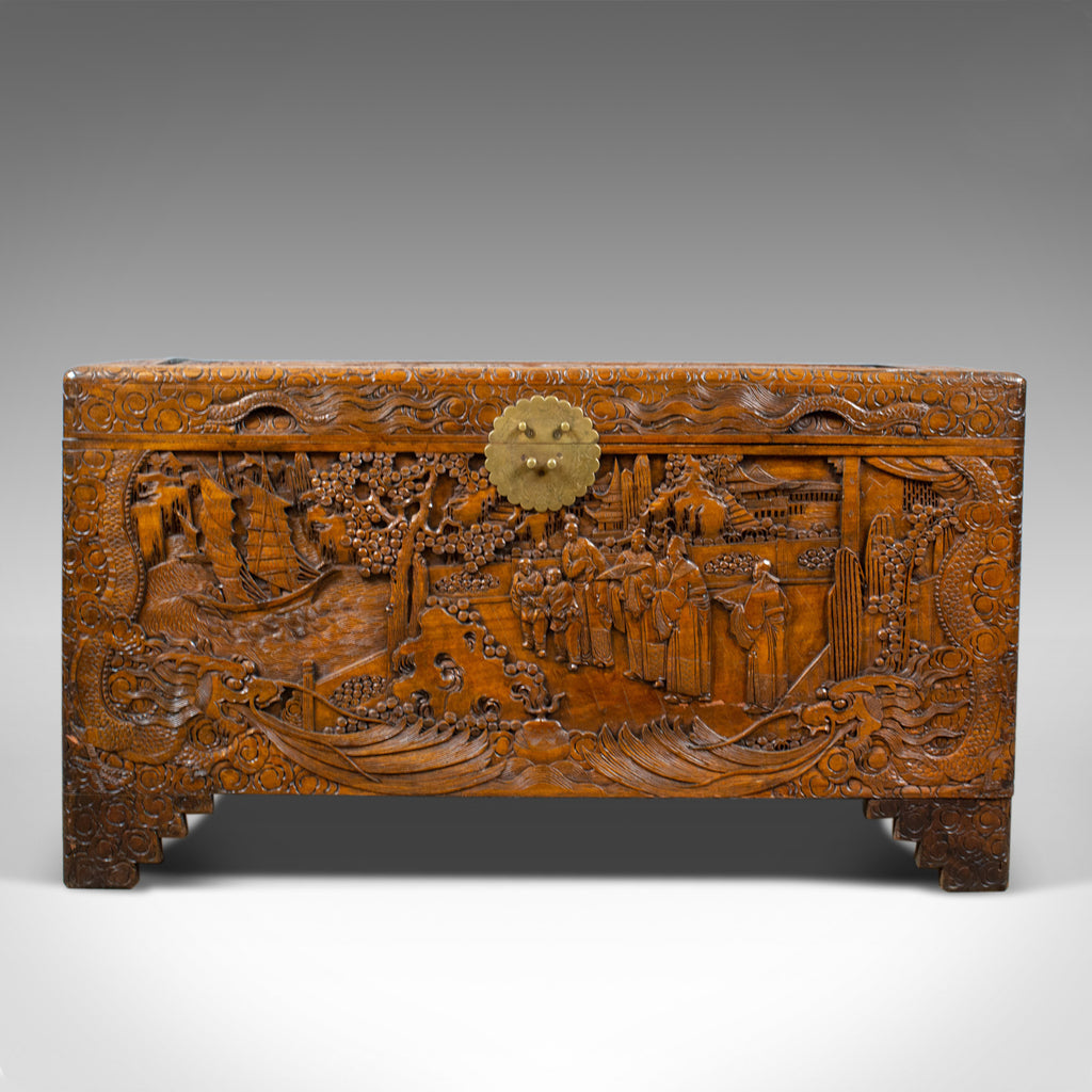 Vintage Camphor Wood Chest, Oriental Carved Scenes, Trunk, Circa 1940