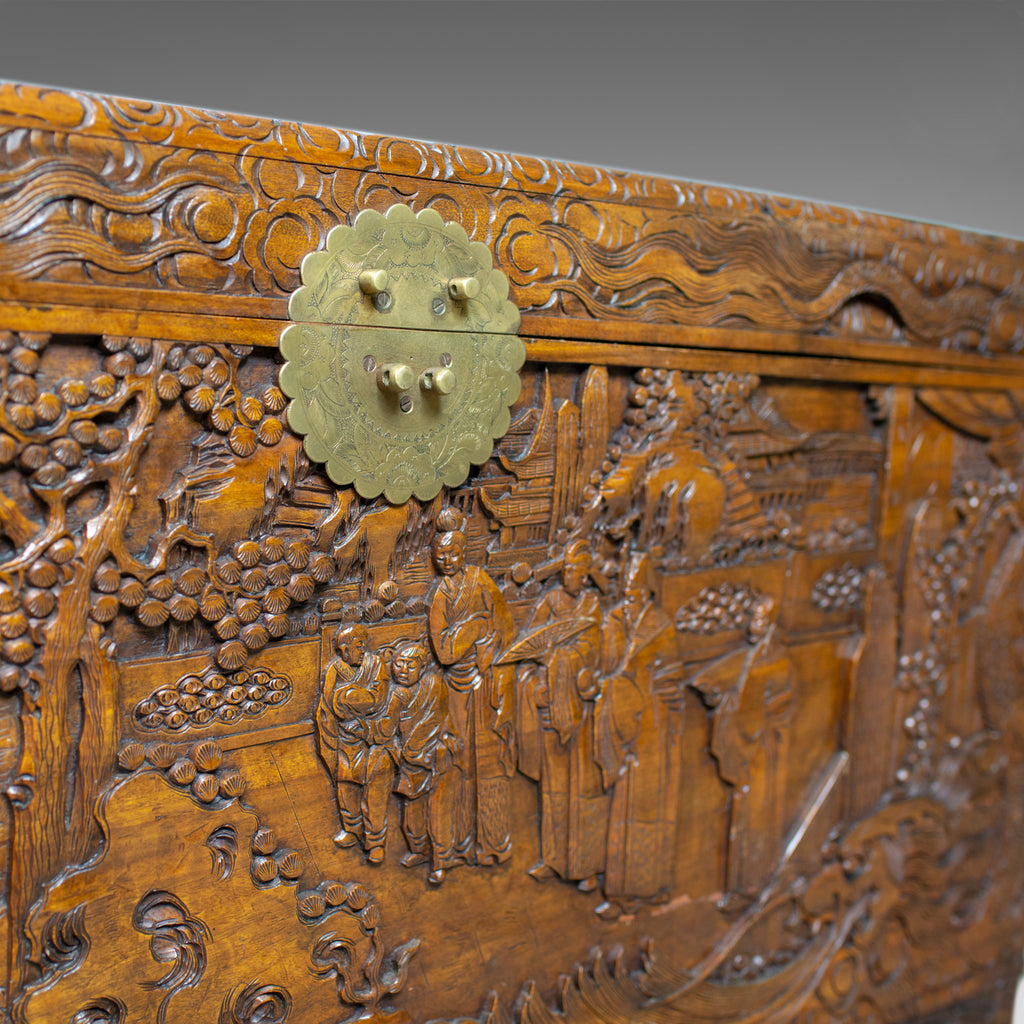 Vintage Camphor Wood Chest, Oriental Carved Scenes, Trunk, Circa 1940