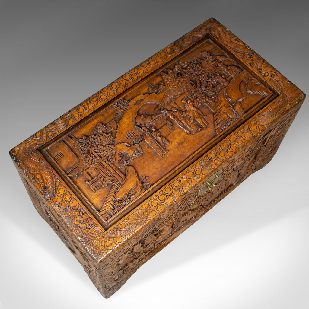 Vintage Camphor Wood Chest, Oriental Carved Scenes, Trunk, Circa 1940