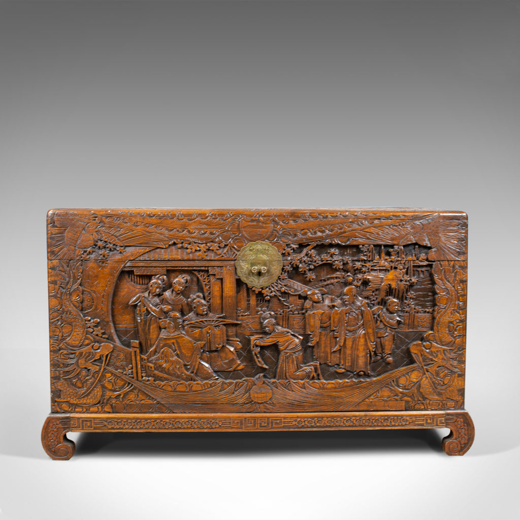 Vintage Camphor Wood Chest, Oriental, Carved, Trunk, Circa 1930