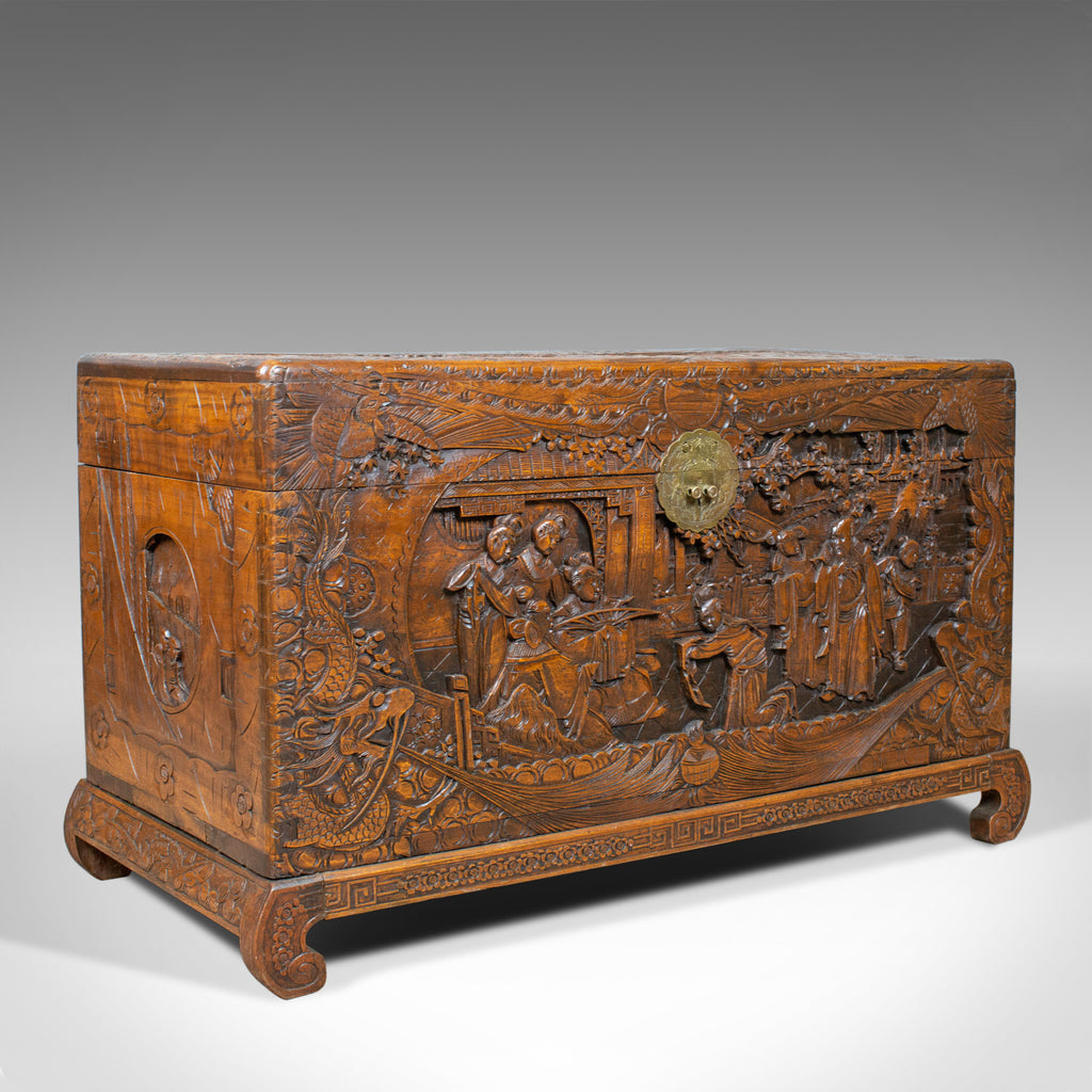 Vintage Camphor Wood Chest, Oriental, Carved, Trunk, Circa 1930