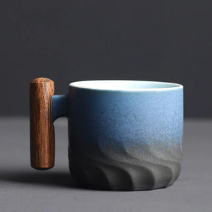 Artisan Japanese Ceramic Mug With Wooden Handle - Moss and Fog - Japanese Mug