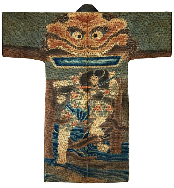 Manteau de pompier (milieu du XIXe siècle) décoré à l'image de Rōrihakucho Chō Jun (Zhang Shun), dont l'intrépidité et le courage étaient populaires au Japon au XIXe siècle 