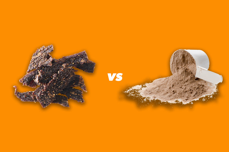 Pile of Beef Jerky vs Protein Powder