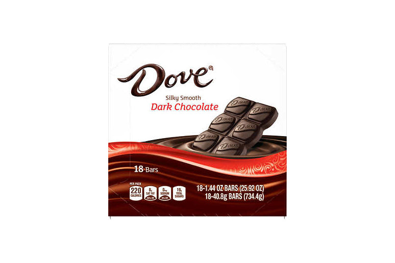 Dove Dark Chocolate Candy Bars, Full Size, 1.44 oz, 18-count