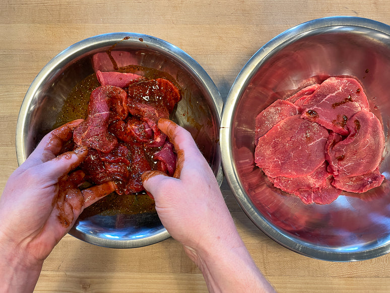 Marinating meat for beef jerky.