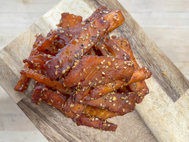 Salmon jerky ready for snacking.