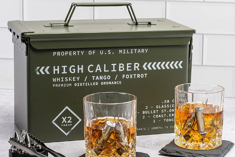 Whiskey Glasses and Whiskey Stones in Unique Box Display