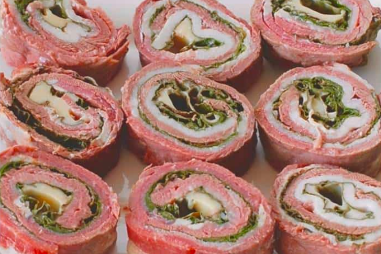 Beef, Bacon, Spinach, Cheese Rolls