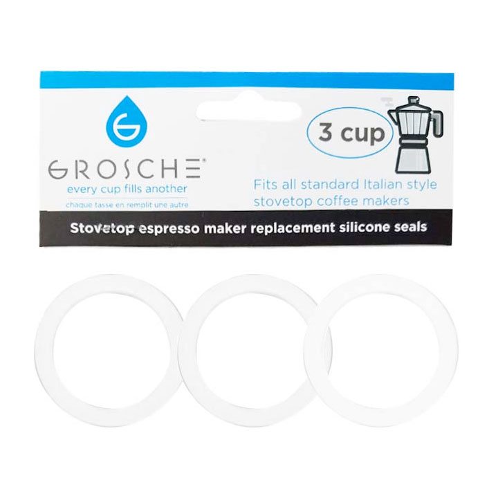 GROSCHE Milano Stovetop Espresso Maker Replacement - 9 Espresso Cup Size  Silicone Gasket Seals (3 Seals) & 1 Replacement Filter Screen Kit for Moka