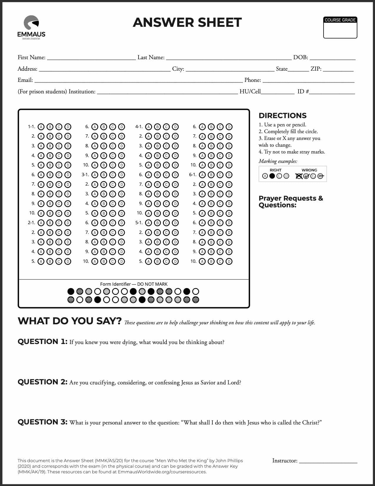 Bible Doctrines - Part 2 - Printed Answer Sheet