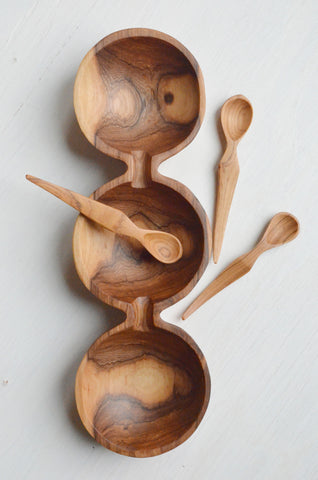 Olive Wood Triple Bowl & Spoons