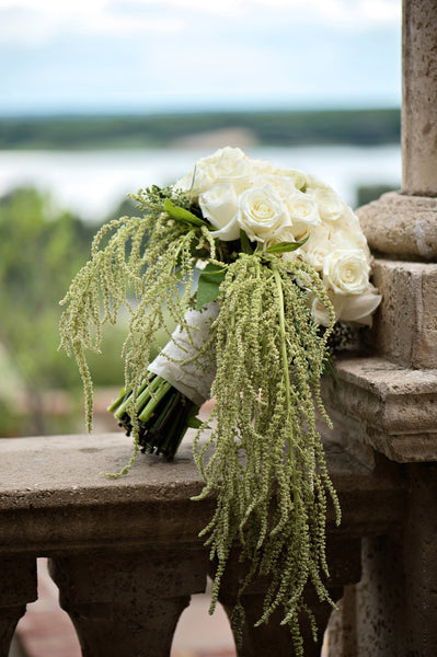 white roses with amaranthus bouquet