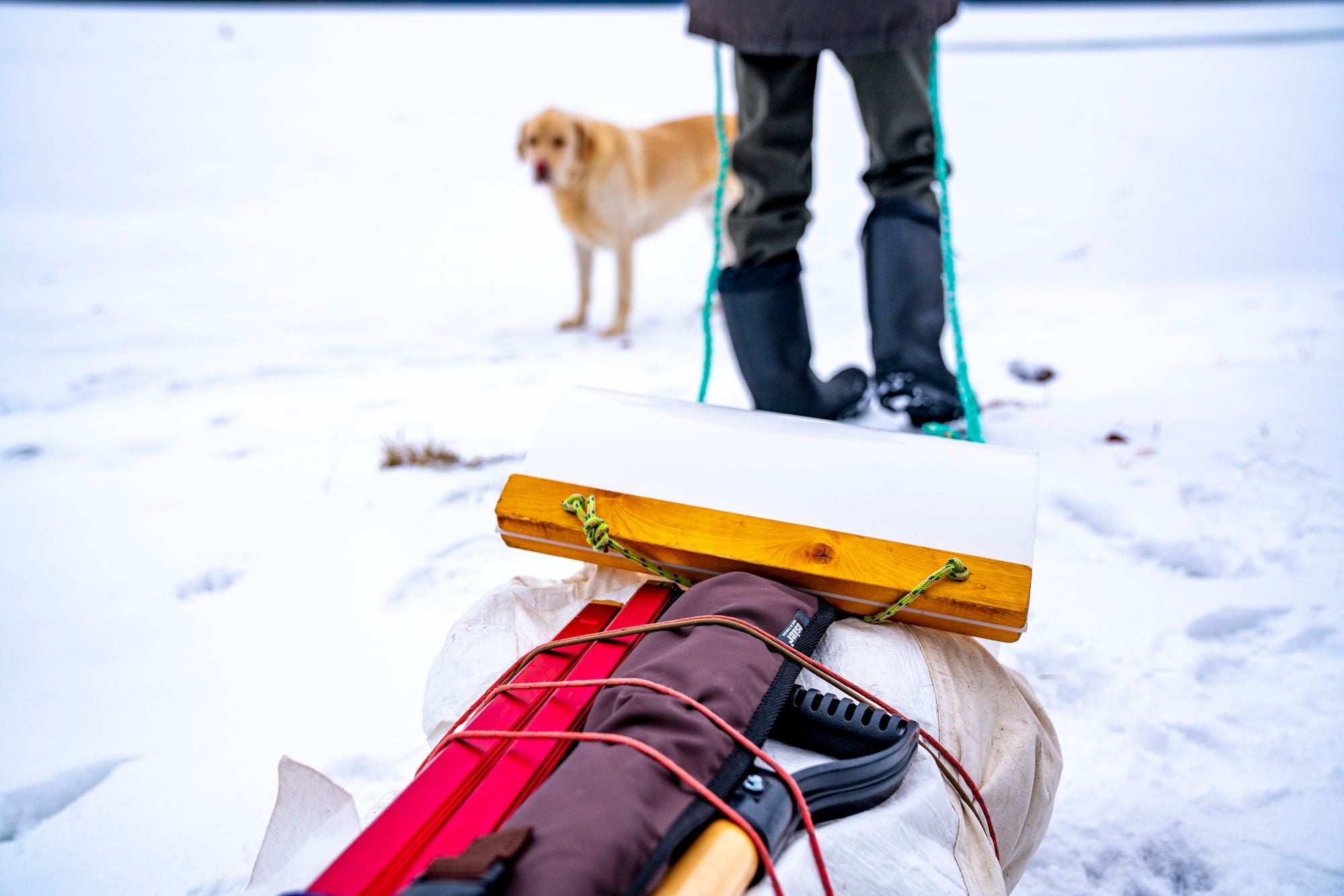 An Esker tent, poles, and a bucksaw packed in a toboggan, ready for backcountry winter camping.