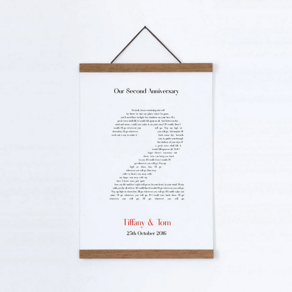 Personalised Second Anniversary Song Lyrics Canvas Print - Custom Text on White Cotton Canvas