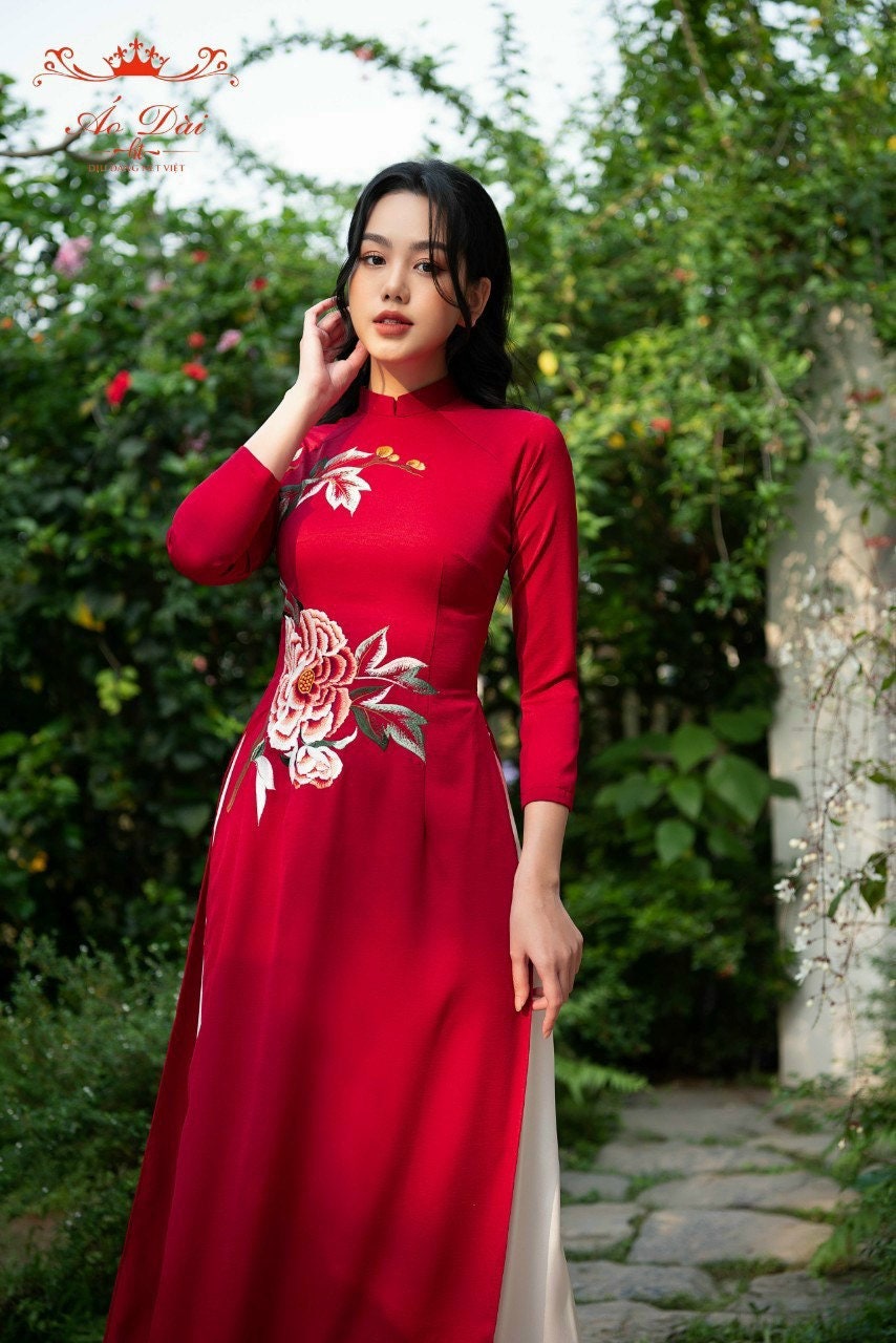 Traditional Silk Red Ao Dai Set: Embroidery Rose – Cute Sass™